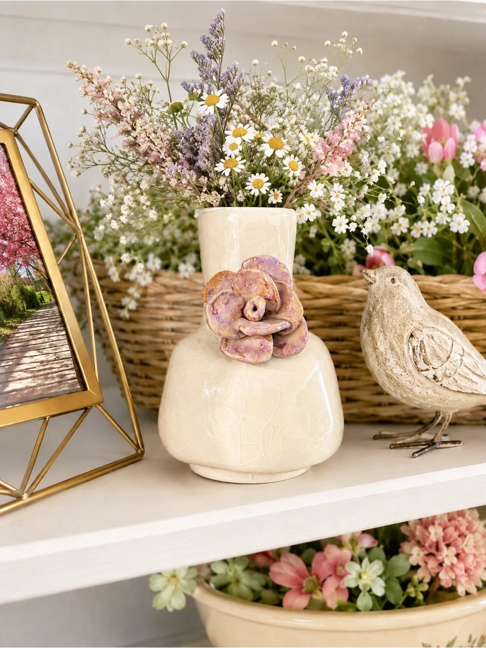 Vintage Ivory Crackle Glaze Pottery Vase with Applied Pink Rose – Cottage Floral